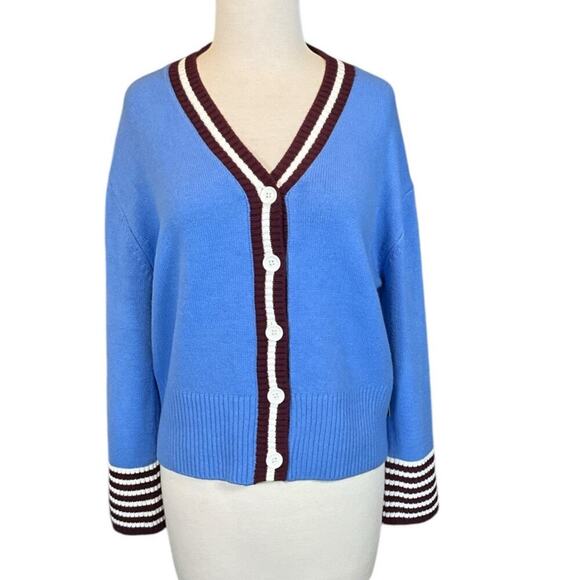 NWT French Connection Preppy Blue, White, Maroon Cardigan Small Button Down 90s - Picture 6 of 11